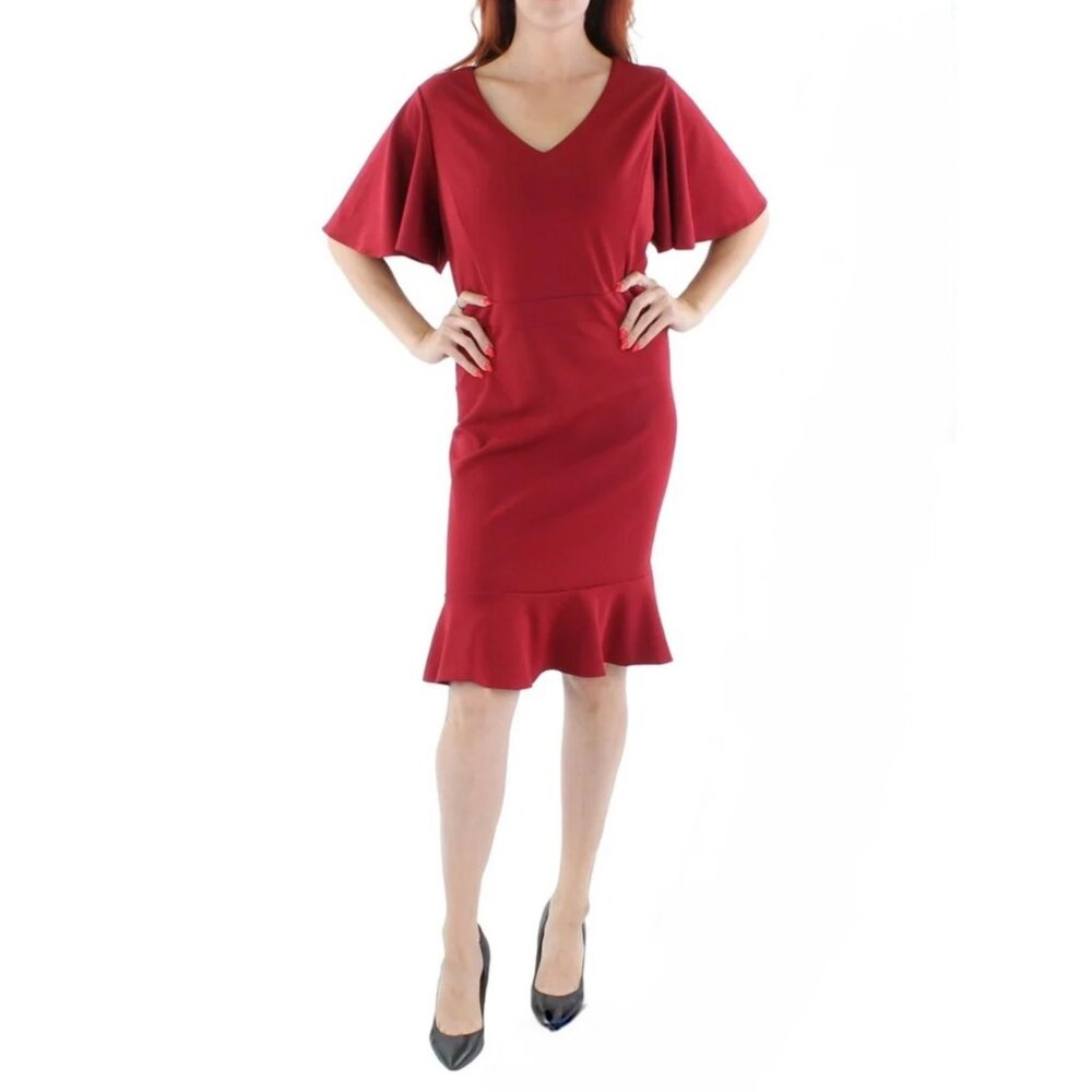 NWT Kasper Women's Knit Flutter Sleeves  and Hem Sheath Dress Crimson Size XS